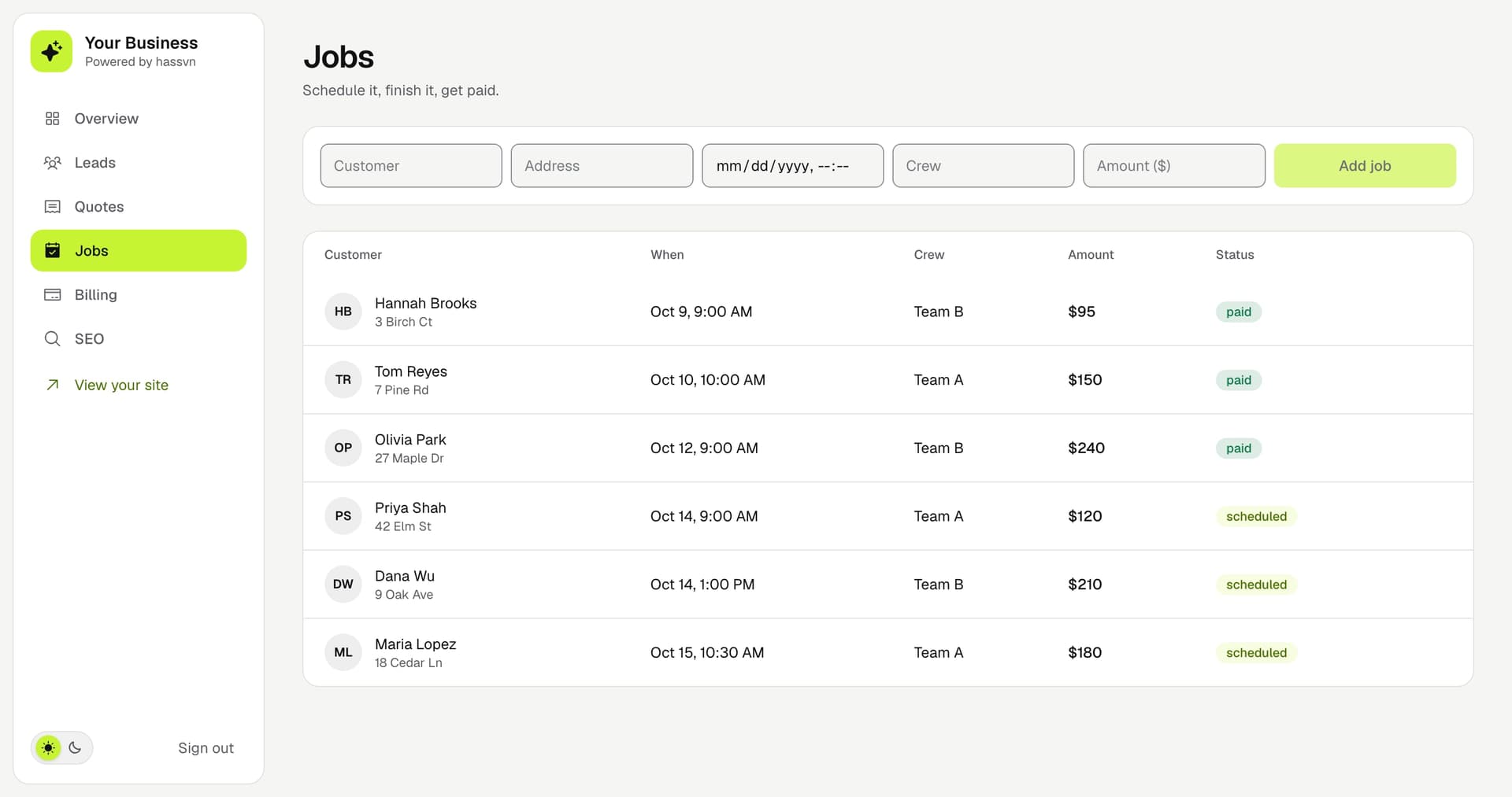Scheduled and paid jobs in the dashboard