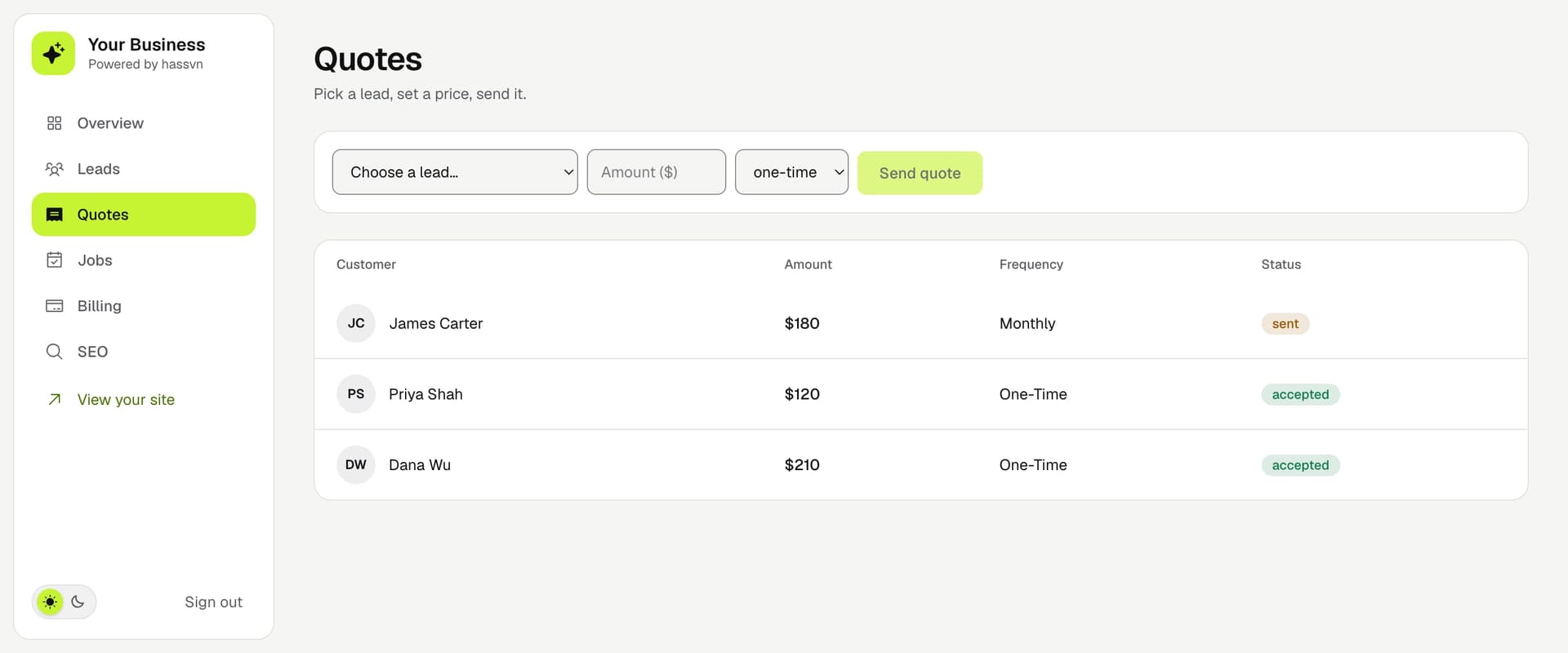 Sending a quote from the dashboard